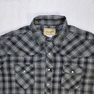 Wrangler Western Shirt Men 2XL Black White Plaid Pearl Snap Short Sleeve